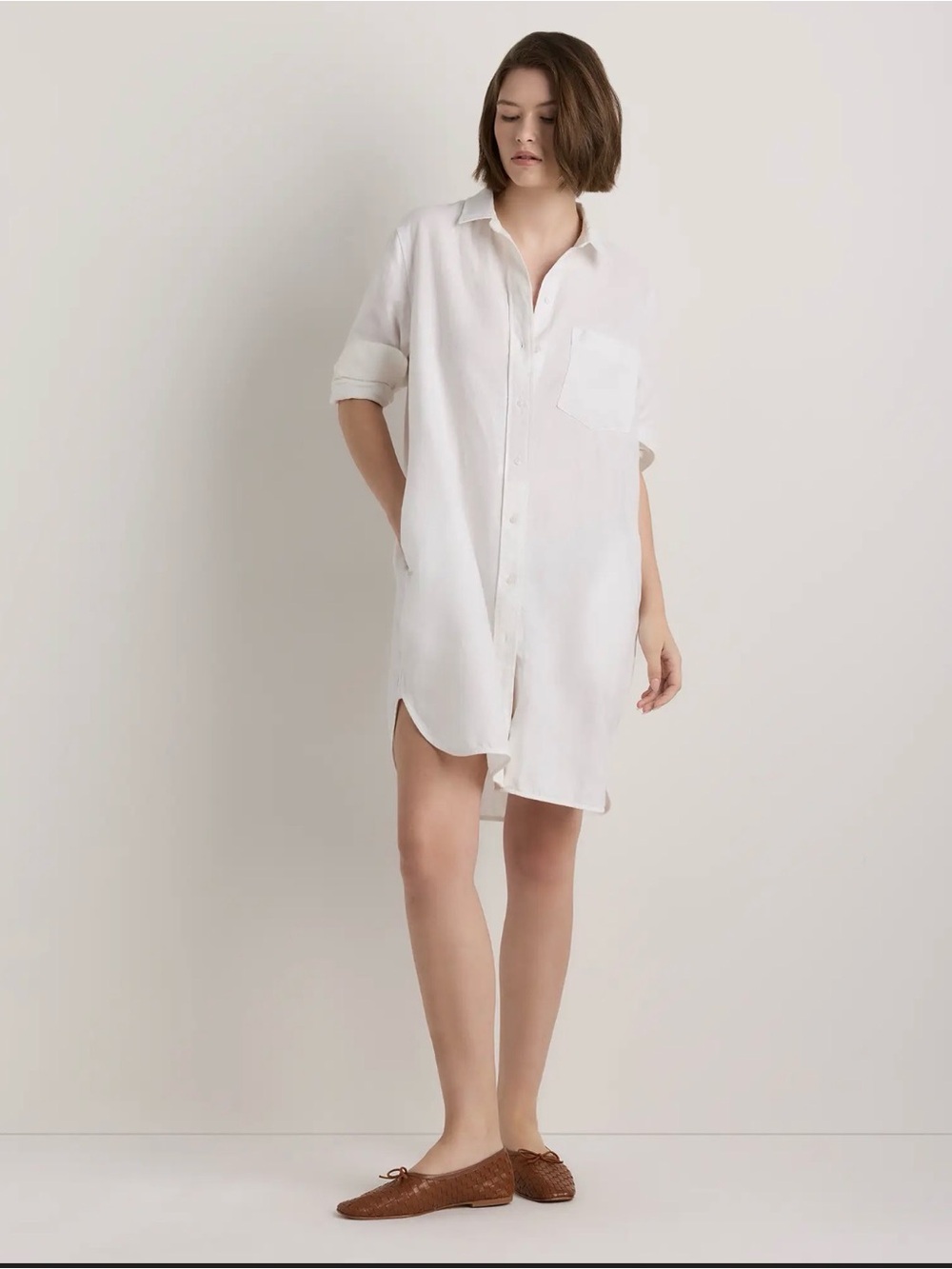 Quince European Linen White Button-Front Shirt Dress